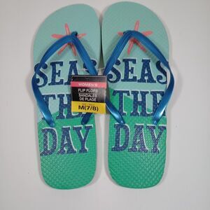 NWT Juncture Womens Flip Flops Sandals M 7/8 Seas The Day Teal Starfish Beach